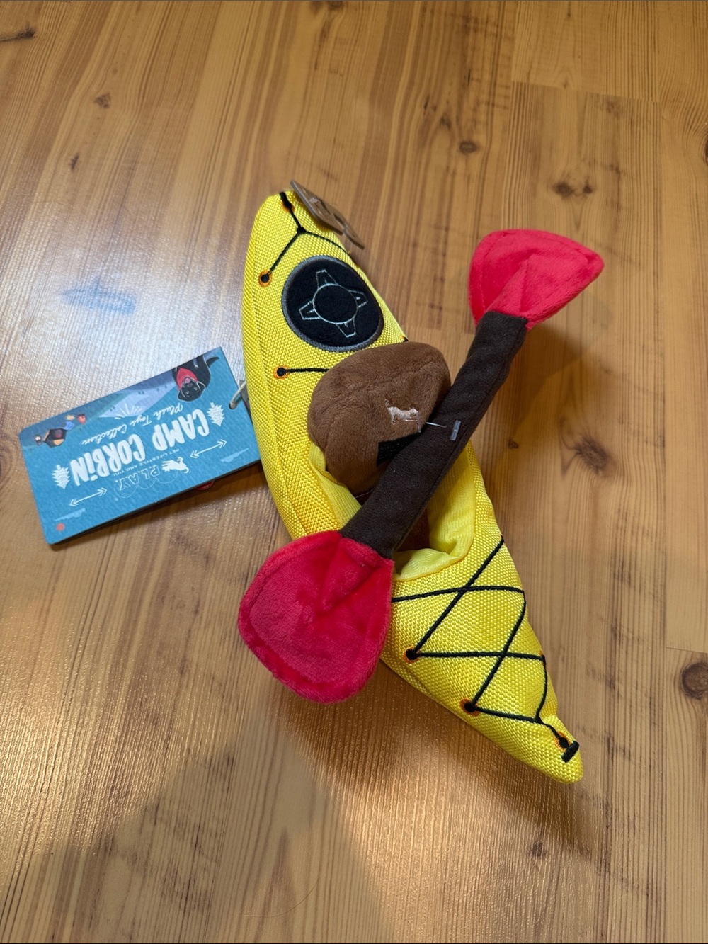 Kayak Plush Dog Toy - Yellow with Red Paddle - NEW